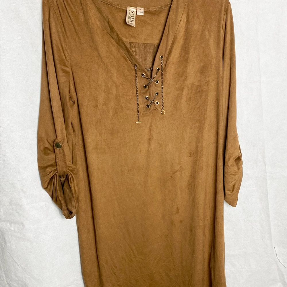 Soho Apparel Brown Faux Suede Long Sleeve Dress Size M